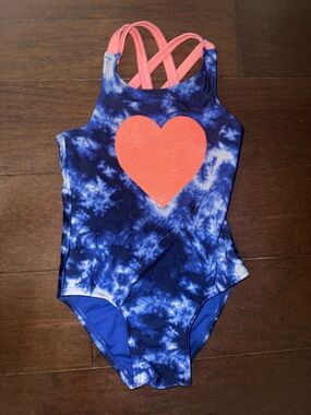 Cat & Jack Navy Blue Tie-Dye One-Piece Swimsuit with Coral Heart